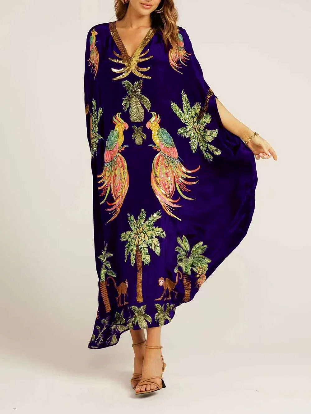 Unieke Jurk met Drop Shoulder Mouwen en Kokosnootboomprint