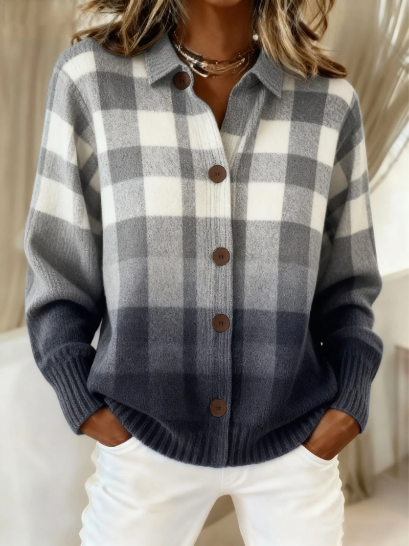 Agnes | Grijze Ombre Geruite Knopen Cardigan